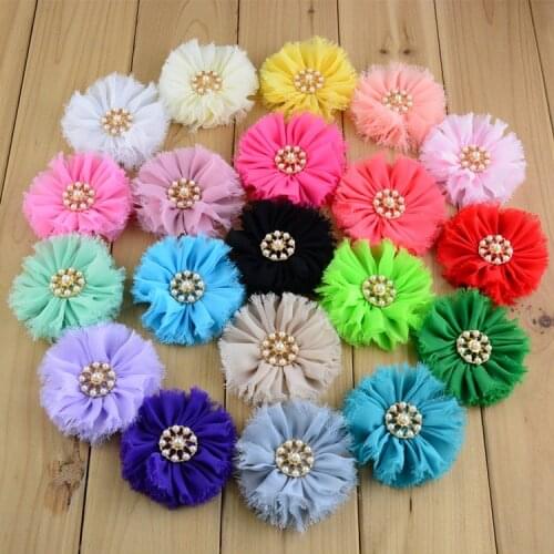 Yundfly 10pcs Artificial Shabby Chiffon Flower with Pearl Button Fluffy Fabric Hair Flowers For DIY Baby Headwear Head Band