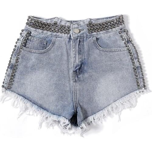 Tassel with rivet beading denim shorts female high waist rivet beading hole denim shorts punk street style hot shorts wq1626