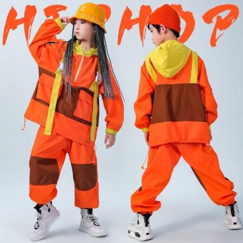 Hip Hop Costume Kids Loose Street Dance Outfits Orange Suit Girls Hooded Tops Hiphop Pants Boys Stage Performance Wear DNV14014