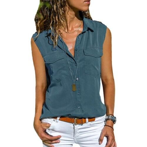 Fashion Sleeveless Turn Down Collar Tank Top Women Shirts Elegant Solid Color Summer Loose Casual Office Pockets Vest Tops