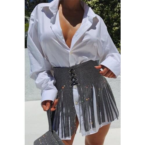 2019 Sexy Bandage Sequins Tassels Skirts Women High Waist Mini Skirts Lace-up A-Line Cover-ups Fashion Lady Skirts