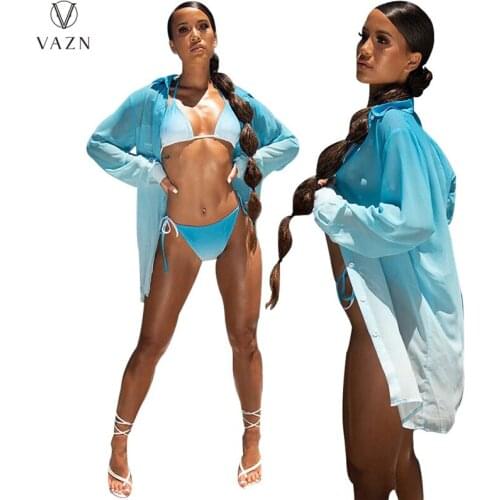 VAZN 2021 New Fashion Women Sexy Holiday Beach Style Shirt Long Sleeve Lapel Single Breasted Gradient Color Shirt