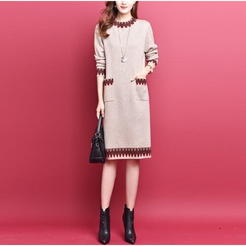 2020 Autumn and winter new fashion round neck loose long sleeve solid color pocket sweater womens trendy knitted straight dress