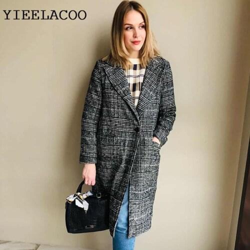 Grey plaid woolen coat Women 2020 New outerwear Winter Coat clothing fashion woolen blends female elegant One button