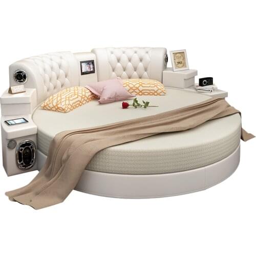 Modern White Leather Bedroom Set Round Bed with Phone Charge Music Player