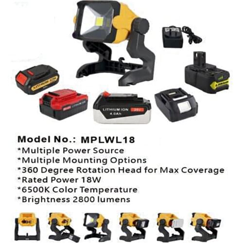 18W LED working lamp 2800Lumins Light Powered by 18V lithium battery of Dewolt makita Porter Cable Black Decker Ryobi AC Adapter