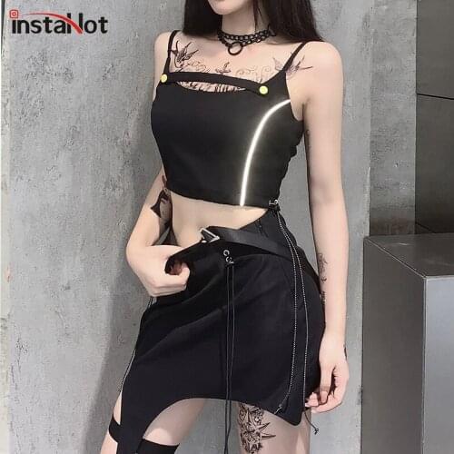 InstaHot strip reflective camis biker gothic punk crop tops summer sleeveless women tank tops drawstring camisole streetwear top
