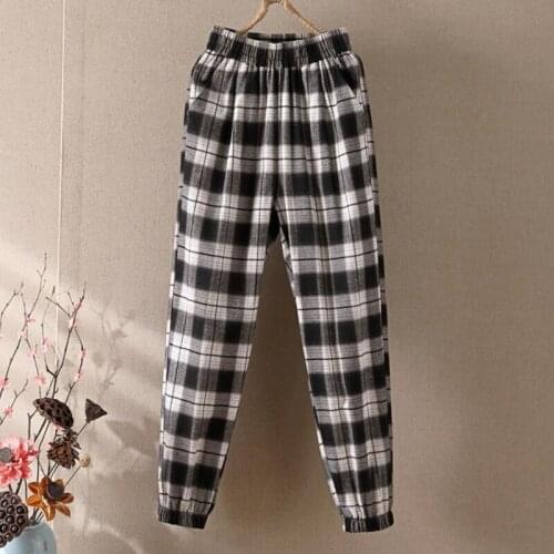2021 New Spring Summer Plaid Harem pants Womens Capris Waist Elastic waist casual cotton and linen cropped trousers FC887