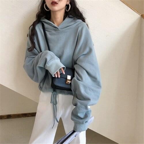 Women New Hoodies Tops Loose Casual Solid Color Pullovers Hooded Korean Style Long Sleeve Sweatshirt
