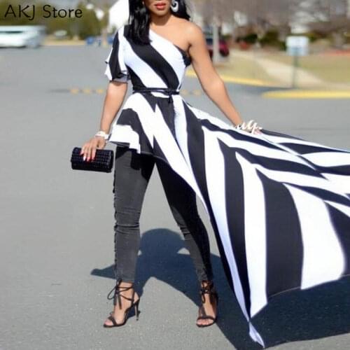 Women One Shoulder Contrast Striped Long Top Asymmetric Blouse