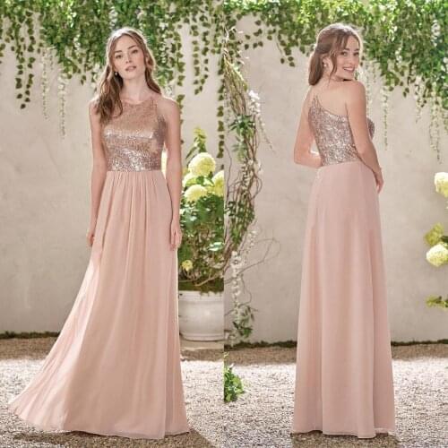 Vestidos de festa Sexy Halter Sequins Bridesmaid Dress Rose Gold Guest Wedding Party Dress A Line Chiffon Long Bridesmaid Dress