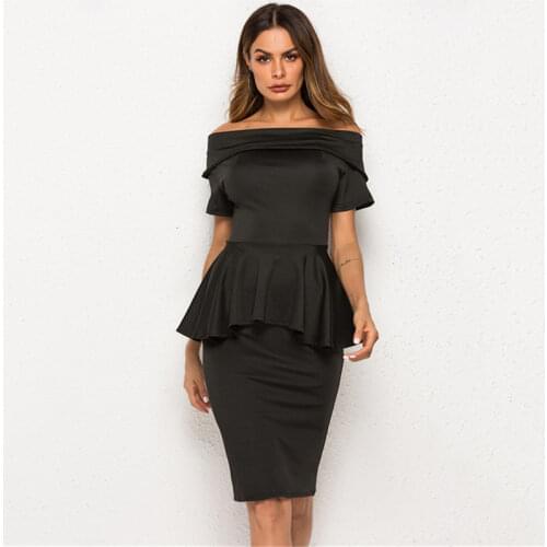 Women Dress Elegant Sexy Slash Neck Package Hip Ruffles Dress Fromal OL Office Work Sheath Solid Dresses Vestidos Plus Size