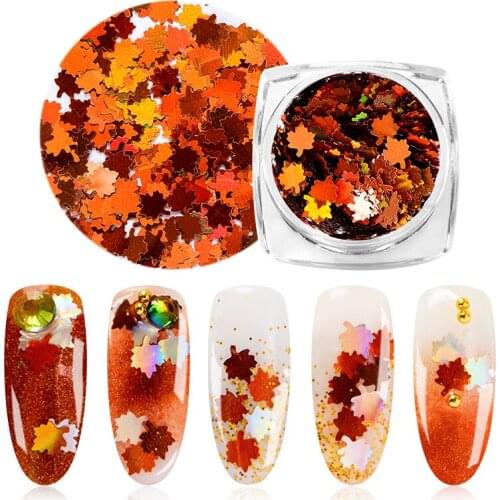 1Box Holographic Glitter Sequins Nail Art Maple Leaf Gold Red Laser Gradient Paillette Metallic Flake Nails Accessory