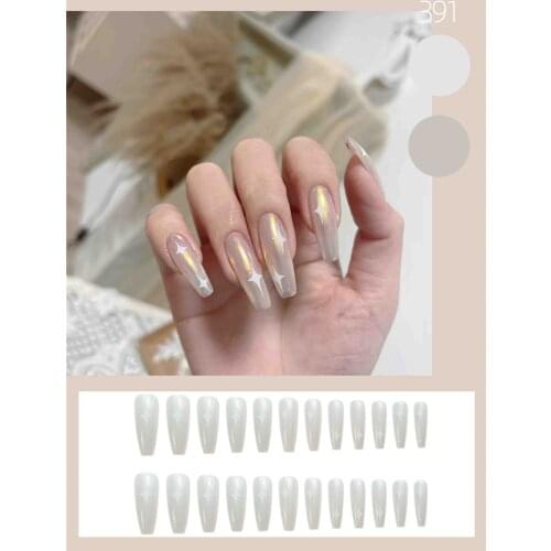 24Pcs False Nail With A Pattern Four-Pointed Star Print Glitter Wear Finished Nail Long Paragraph False Nail Removable Manicure