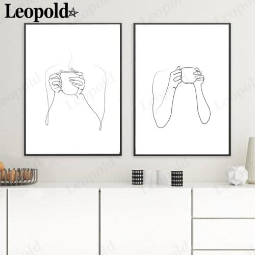 Abstract Character Canvas Painting Black and White Line Character Holding Coffee In Hand Simple Wall Art Modern Home Decoration