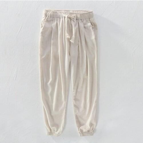 New High quality Mens Summer Casual Pants Natural Cotton Linen Trousers White Linen Elastic Waist Straight Mans Pants