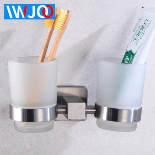 Toothbrush Holder Cup Stainless Steel 2 Glass Cup Tumbler Holders Set Wall Mounted Toothpaste Storage Rack Bathroom Accessories