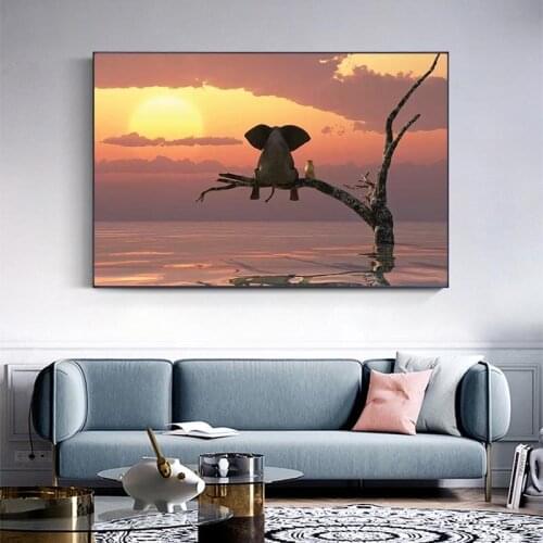 Four Funny Little Elephant Modern Canvas Painting Wall Art Animal Pictures Nordic Posters and Prints for Kids Room Home Decor