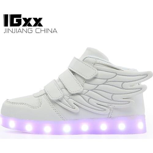 IGxx High Top LED Light Up Shoes For Kids Angel Wings USB Charging Glowing Shoes LED Child Luminous LED Sneakers Boys White