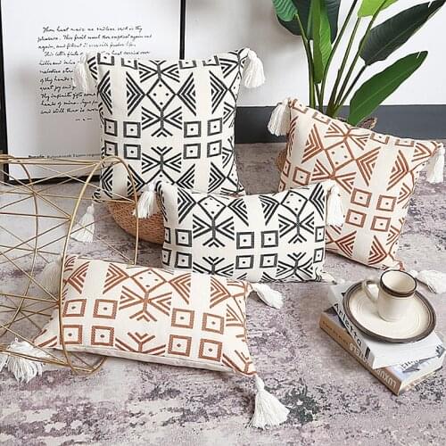 Beige Black Cotton Jacquard Pillow Cover Home Decor Geometric Tassels Cushion Cover Decoration Pillowcase 45x45cm/30x50cm