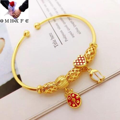 OMHXFC Jewelry Wholesale YM1312 European Fashion Woman Party Birthday Wedding Gift Heart Flower Charm 24KT Gold Bracelet Bangle