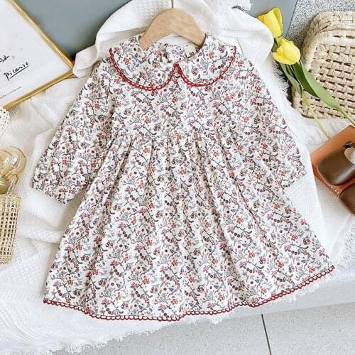 Girls Dress New Fashion Long-Sleeve Floral Printed Doll Collar Loose Dress Cute Kids Clothes Spring Autumn Dress