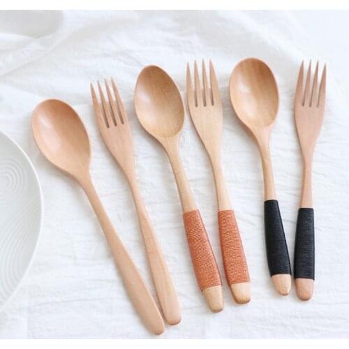Portable Cutlery Natural Wooden Spoon Fork Dinner Kit Rice Soup Tableware Grain Handmade Household Tableware Home Tools