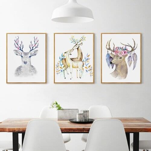 Nordic Style Posters Elk Animal Feathers Pictures Canvas Prints Flower Deer Painting For Office Living Room Decoration Wall Art