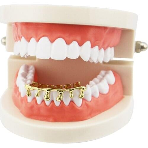 Gold Color Plated Drip Shape Dental Teeth Grills Hip Hop Top Bottom Teeth Drip Grillz Tooth Caps Cosplay Party Jewelry Gift