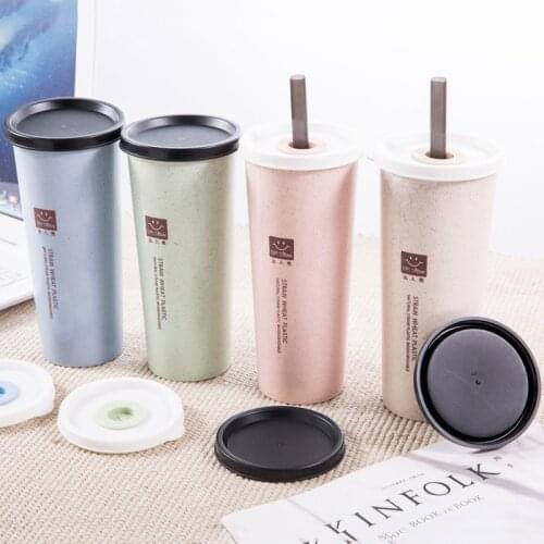 1PC Simple Wheat Straw Cup With Lid Cup Student Portable Tote Travel Cup Plastic Drinking Water Cup Coffee Bottle For Kids Tube