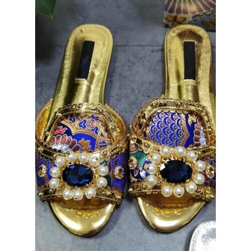 Summer Slide Vintage women’s sandals embroidered pearls crystal peep toe flats shoes flip flop loafer SLIPPERS large size 43