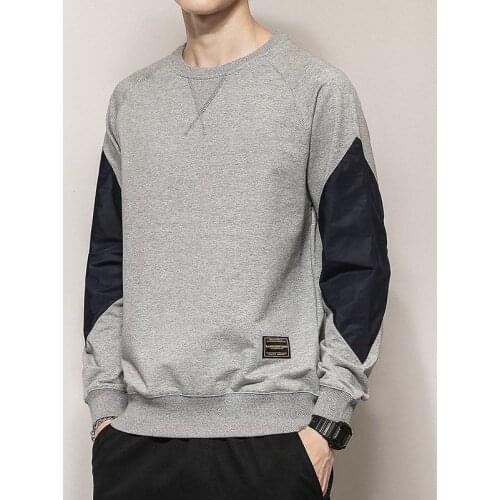 Trend Mens Dropped Shoulder Long Sleeve Pullover Patchwork Gray Casual Sweatershirts with One Side Zipper Pocket for Autumn