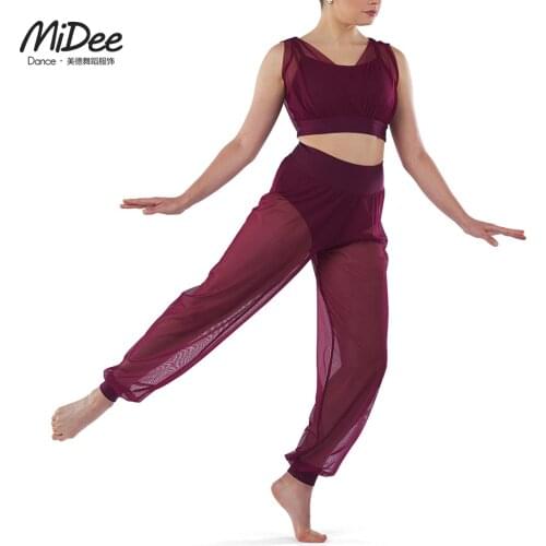 MiDee Modern Dance Crop Top Leotard for Girls Kids Mesh Wide Leg Pants with Lycra Attached Suit Lyrical Outfits Clothes Women