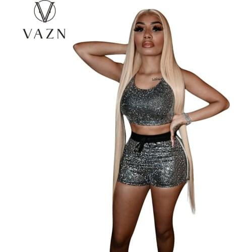 VAZN 2021 Summer Bandage Special Solid Sleeveless Strap Holiday Two Piece Set 2 Piece Set Women Top And Pant