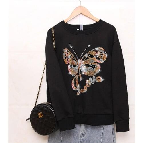 Spring Autumn Fashion Loose Sweatshirts female Creativity Butterfly Hot diamonds Pattern Casual Round neck women tops pullovers