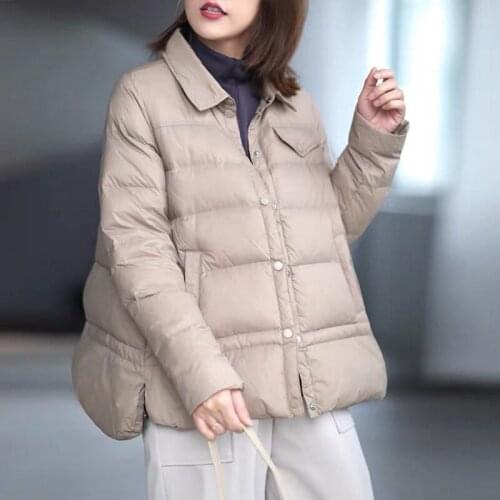 Womens Shirt Collar White Duck Down Jacket Ladies Loose Short Winter Coat Retro Light OL Warm Jackets Covered Button Clothing
