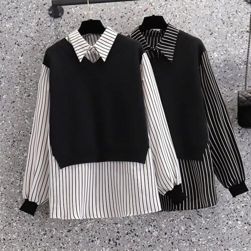 False Two Piece Striped Knitted Long Sleeved Plus Size Korean Autumn Elegant Fashion Blouses And Tops WomenS Oversize Shirts