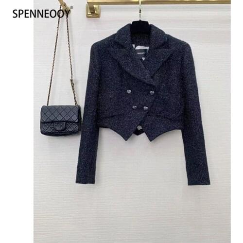 SPENNEOOY Designer Brand Autumn Black Tweed Jackets Coat Women Fashion Love Double Breasted Print Lining Short Outwear