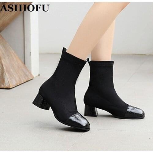 ASHIOFU Handmade Womens 5CM Boots Patchwork Leather Party Prom Real Pictures Ankle Booties Large Size Fashion Winter Short Boots