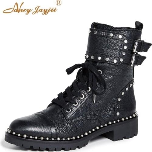2020 Black Motorcycle Military Boots Ankle Army Booties Studded Rivet Low Heel Ladies Shoes For Women Lace Up Luxury NANCYJAYJII
