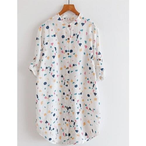 Cotton Linen Printed Women Long Shirts Summer Vintage 2021 Half Sleeved Straight Turn-Down Collar Casual Female Outwear Tops