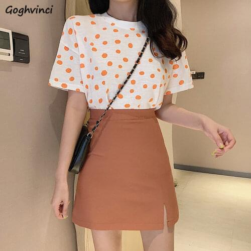 Women Sets O-neck Polka Dot T-shirt A-line Side-slit Skirt Slim Elegant Office Lady Hips Korean Style Simple Females Summer New