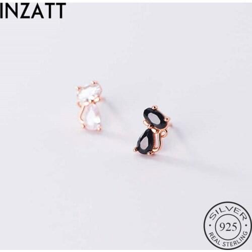 INZATT Real 925 Sterling Silver Zircon Asymmetry Cat Stud Earrings For Fashion Women party Animal Fine Jewelry Punk Accessories
