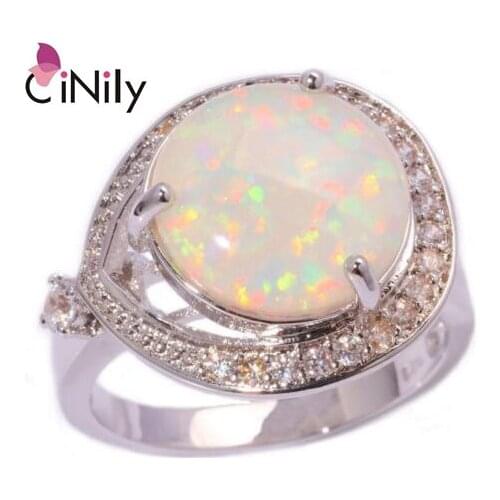 CiNily Created White Fire Opal Cubic Zirconia Silver Plated Wholesale Fashion Wedding for Women Jewelry Ring Size 6-10 OJ5405