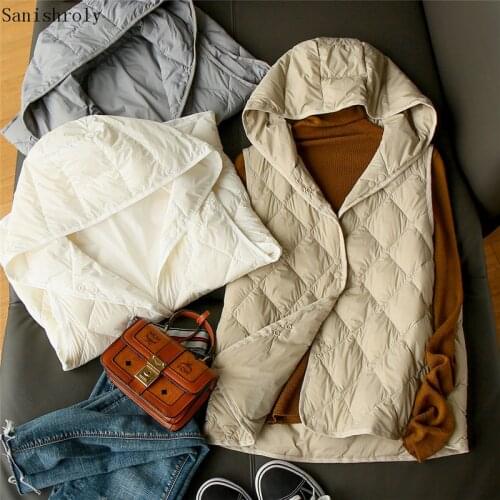 2021 Autumn Women Lingge Sleeveless Waistcoat Hooded Ultra Light 90% White Duck Down Vest Lady Single-breasted Winter Coat Parka