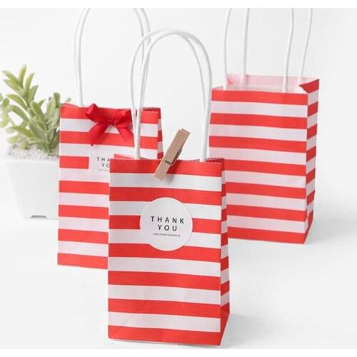 5pcs Korean Small Candy Color Paper Bags Striped White Kraft Paper Bag Red Black Green Craft Gift Bags with Handles