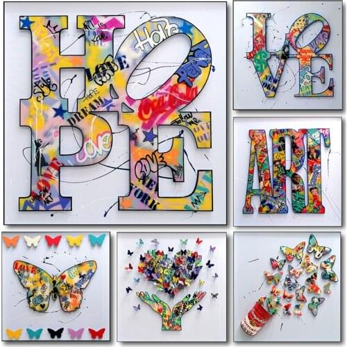 Abstract Wordart Hope Love Graffiti Art Posters Butterfly Art Canvas Painting Nordic Wall Art Pictures for Home Decoration
