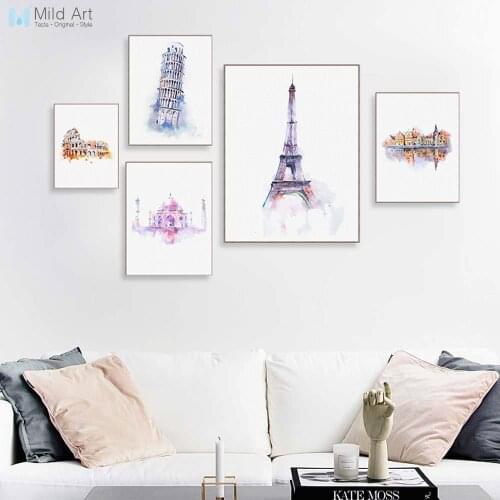 Watercolor World City Paris Rome Eiffel Tower Taj Mahal Posters Prints Nordic Style Wall Art Pictures Home Decor Canvas Painting