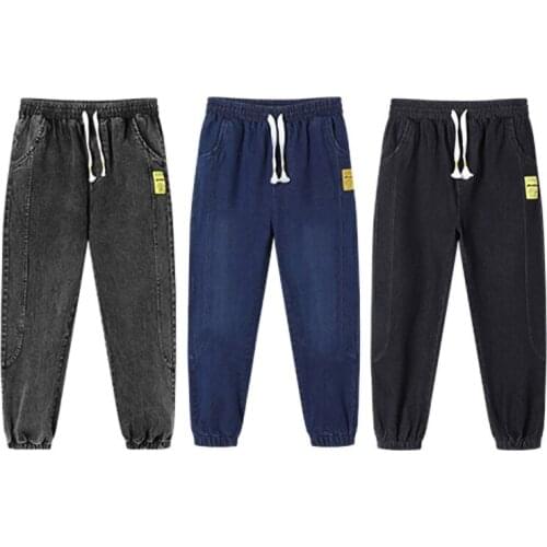 2021 New Kids Jeans Drawstring Elastic Waist Thickening Fluff Lined Girls Jeans Boys Pants Autumn Winter Warm Children Jeans