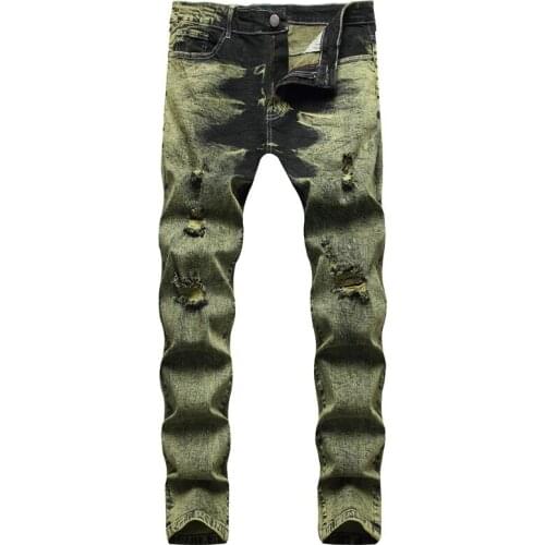 Streetwear Stretch Skinny Jeans Men Hole Straight Slim Washed Full Length Casual Denim Pants European Style